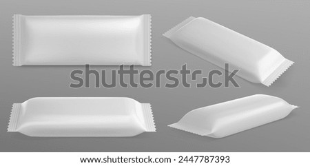 Chocolate bar pack mockup. White candy wrapper. Blank snack package mock up vector. 3d isolated food sachet empty view set. Top and side sweet biscuit product wrap realistic design icon template
