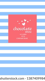 Chocolate Bar Package Design with abstact marine striped background and white hearts on red square.