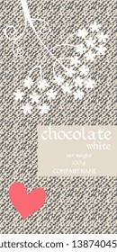 Chocolate Bar Package Design with abstract umbrella flowers on stylized denim background. Easy editable packaging template.
