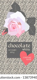 Chocolate Bar Package Design with beautiful light pink rose and red heart on denim background. Editable Packaging Template.