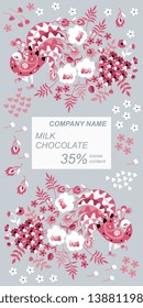 Chocolate bar package design with beautiful peacocks and flowers in ethnic style on gray background. Easy editable packaging pattern.