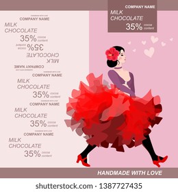Chocolate bar package design  with cancan dancer girl. Easy editable packaging template.
