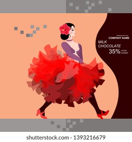 Chocolate bar package design with flamenco dancer girl and silhouette of guitar. Easy editable packaging template.