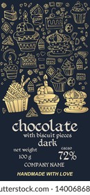 Chocolate bar package design with golden cupcakes on dark blue background.