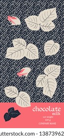 Chocolate Bar Package Design with leaves and buds of roses on dark stylized denim background. Beautiful collection.