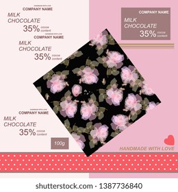 Chocolate bar package design with  light pink roses on black background and little red heart on pink backdrop. Easy editable packaging template.