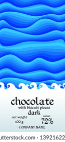 Chocolate bar package design with simple waved background in blue tones. Marine style. Easy editable packaging template.