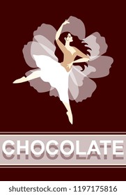Chocolate bar package design with vintage ballet pattern. Young ballerina dressed in white tutu in shape of the flower isolated on brown background in vector.