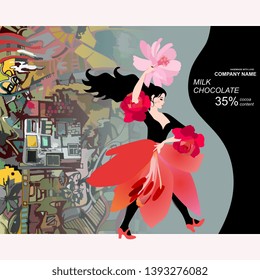 Chocolate bar package design with yong flamenco dancer in skirt in shape of lily flower against green town and guitar silhouette.