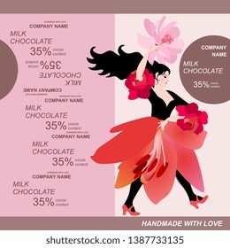 Chocolate bar package design with young lady in red skirt in form lily flower. Easy editable packaging template.