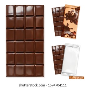 Chocolate bar and chocolate packaging. 3d realistic vector icon