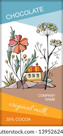 Chocolate bar packaging with beautiful fairy house under big flowers. Magic town. Vector design.