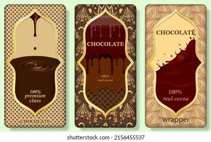 El paquete de la barra de chocolate se burla del conjunto de diseño. Modelación del envase de Choco orgánico. Modelo de marca de productos de lujo de moda con salpicaduras realistas y diseño de garabatos. Ilustración del vector