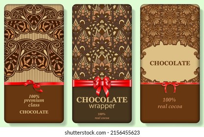 Chocolate bar packaging mock up design set. Organic Choco packaging mockup. Trendy luxury product branding template with paisley doodling pattern. Vector illustration