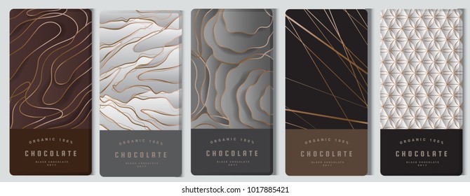 Chocolate bar packaging mock up set. elements,labels,icon,frames, for design of luxury products.Made with golden foil.Isolated on silver and brown background. vector illustration
