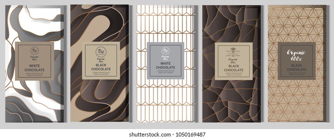 Chocolate bar packaging mock up set. elements,labels,icon,frames, for design of luxury products.Made with golden foil.Isolated on geometric and brown background. vector illustration