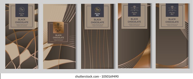 Chocolate bar packaging mock up set. elements,labels,icon,frames, for design of luxury products.Made with golden foil.Isolated on geometric and brown background. vector illustration