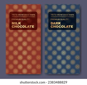 El paquete de la barra de chocolate se burla del conjunto. Elemento de diseño de patrones dorados sin fisuras del vector