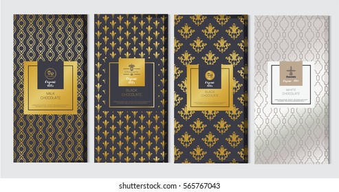 Chocolate bar packaging mock up set. Trendy luxury product branding template with label and geometric pattern. vector 