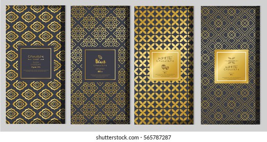 Chocolate bar packaging mock up set. Trendy luxury product branding template with label and geometric pattern. vector 