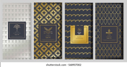 Chocolate bar packaging mock up set. Trendy luxury product branding template with label and geometric pattern. vector 