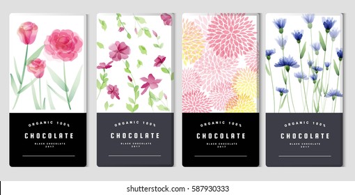 Chocolate bar packaging mock up set, watercolor style. Trendy luxury product branding template with label and geometric pattern. vector 