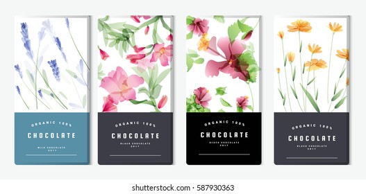 Chocolate Bar Packaging Mock Up Set, Watercolor Style. Trendy Luxury Product Branding Template With Label And Geometric Pattern. Vector 