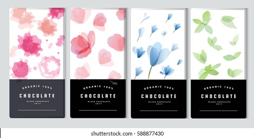 Chocolate bar packaging mock up set, watercolor style. Trendy luxury product branding template with label and geometric pattern. vector 