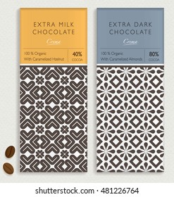 CHOCOLATE BAR PACKAGING MOCK UP. Vector seamless pattern design element. labels and background in trendy style