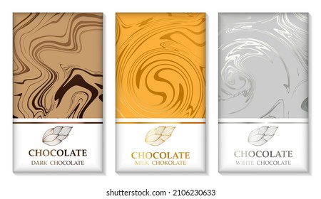 Chocolate bar packaging mockup set. Elements, labels, icons, frames for the design of luxury products. Vector illustration. Bronze, gold, silver foil.
