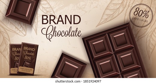 Chocolate bar and packaging on retro background. Place for text. Realistic 3D mockup product placement. Vector