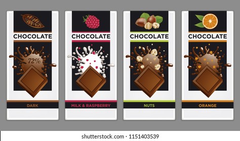 Chocolate bar packaging set. Cacao beans, raspberry, hazelnut, orange. Product branding template with label pattern for packaging. Vector design.  