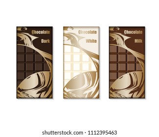 Chocolate bar packaging set. Design packaging for white, milk and dark chocolate. Vector illustration