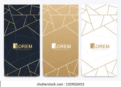 Chocolate bar packaging set. Trendy luxury product branding template with label pattern for packaging. Abstract golden package with texture background and golden geometric lines. Vector illustration.