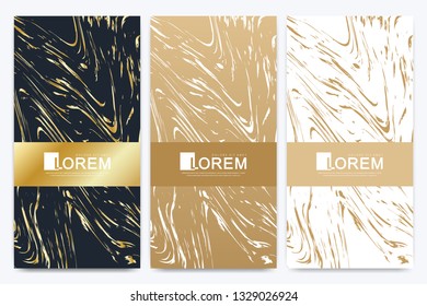 Chocolate bar packaging set. Trendy luxury product branding template with label pattern for packaging. Golden package with marble texture background and golden geometric lines. Vector illustration.