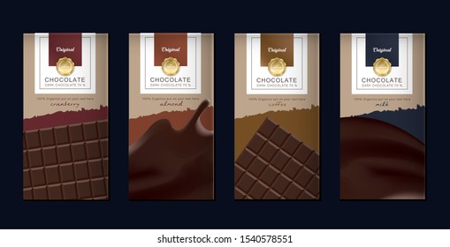 Chocolate bar packaging set. Trendy luxury product branding template with label pattern for packaging. Vector design.