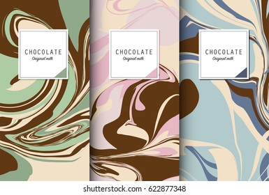 Conjunto de empaque de barra de chocolate. plantilla de marca de productos de lujo de moda con etiqueta y patrón geométrico. diseño vectorial.