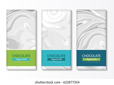 Chocolate bar packaging set. Trendy luxury product branding template with label and geometric pattern. Vector design.