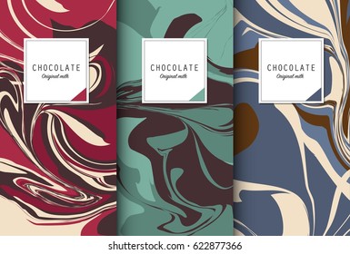 Chocolate bar packaging set. Trendy luxury product branding template with label and geometric pattern. Vector design.