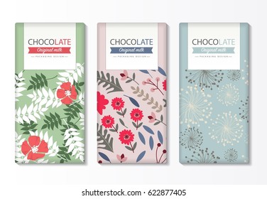 Chocolate bar packaging set. Trendy luxury product branding template with label and geometric pattern. Vector design.