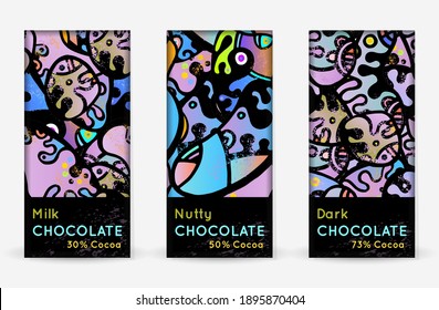 Chocolate Bar Packaging Set. Vector Template With Contrast Ornament Elements. Product Branding Template. Label Pattern Packaging Design. Collection Multicolor Crazy Print. Linear Hand Drawn Doodle.