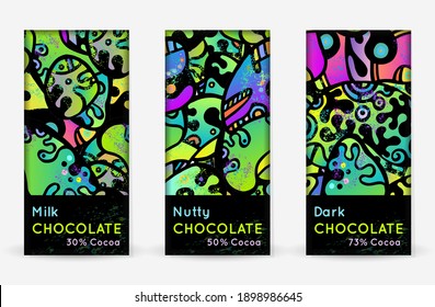 Chocolate Bar Packaging Set. Vector Template With Contrast Ornament Elements. Product Branding Template. Label Pattern Packaging Design. Collection Multicolor Crazy Print. Linear Hand Drawn Doodle.