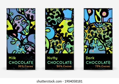 Chocolate Bar Packaging Set. Vector Template With Contrast Ornament Elements. Product Branding Template. Label Pattern Packaging Design. Collection Multicolor Crazy Print. Linear Hand Drawn Doodle.