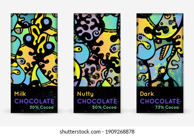 Chocolate Bar Packaging Set. Vector Template With Contrast Ornament Elements. Product Branding Template. Label Pattern Packaging Design. Collection Multicolor Crazy Print. Linear Hand Drawn Doodle.