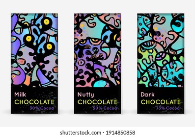 Chocolate Bar Packaging Set. Vector Template With Contrast Ornament Elements. Product Branding Template. Label Pattern Packaging Design. Collection Multicolor Crazy Print. Linear Hand Drawn Doodle.