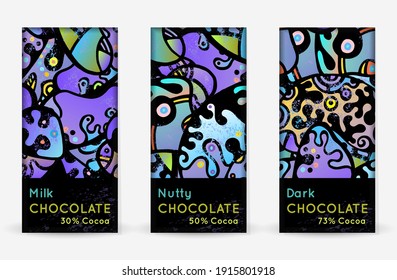 Chocolate Bar Packaging Set. Vector Template With Contrast Ornament Elements. Product Branding Template. Label Pattern Packaging Design. Collection Multicolor Crazy Print. Linear Hand Drawn Doodle.