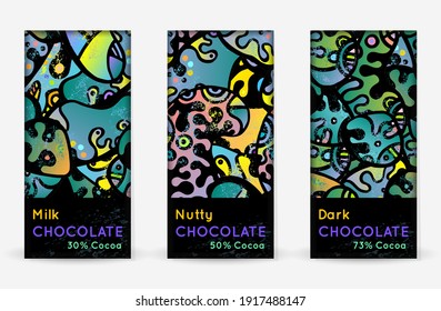 Chocolate Bar Packaging Set. Vector Template With Contrast Ornament Elements. Product Branding Template. Label Pattern Packaging Design. Collection Multicolor Crazy Print. Linear Hand Drawn Doodle.