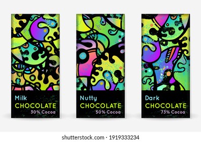 Chocolate Bar Packaging Set. Vector Template With Contrast Ornament Elements. Product Branding Template. Label Pattern Packaging Design. Collection Multicolor Crazy Print. Linear Hand Drawn Doodle.