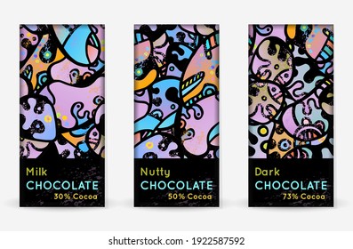 Chocolate Bar Packaging Set. Vector Template With Contrast Ornament Elements. Product Branding Template. Label Pattern Packaging Design. Collection Multicolor Crazy Print. Linear Hand Drawn Doodle.
