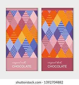 Chocolate bar packaging. Trendy template with patchwork pattern. Vector design.